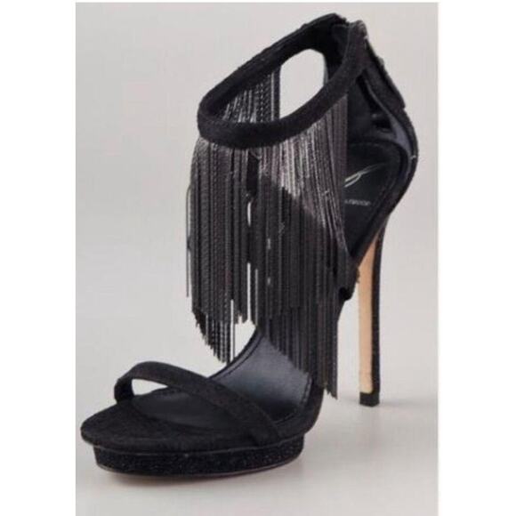 B Brian Atwood Shoes Womens 8.5 Black Cassiane Metal Chain Fringe Heel Sandal - Picture 1 of 16